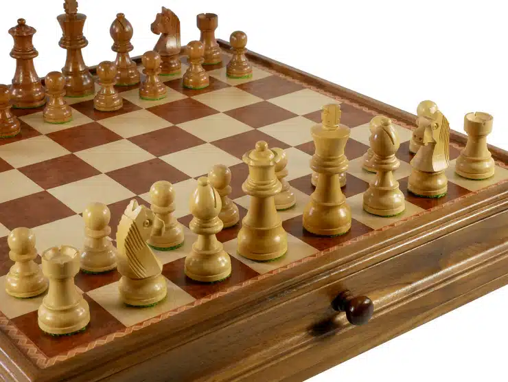 Wood Inlaid Chest and Chessmen
