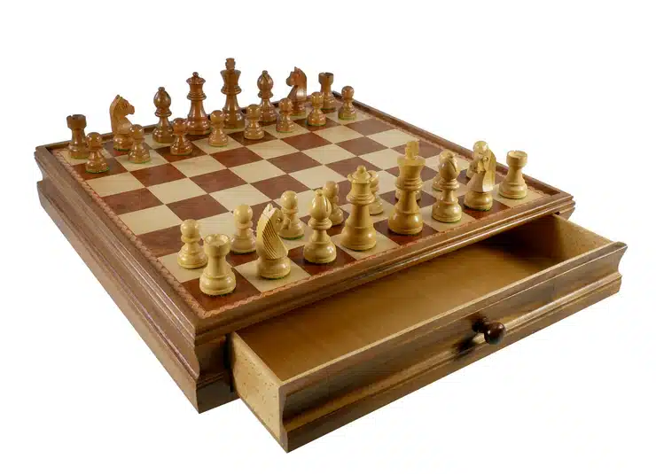 Wood Inlaid Chest and Chessmen