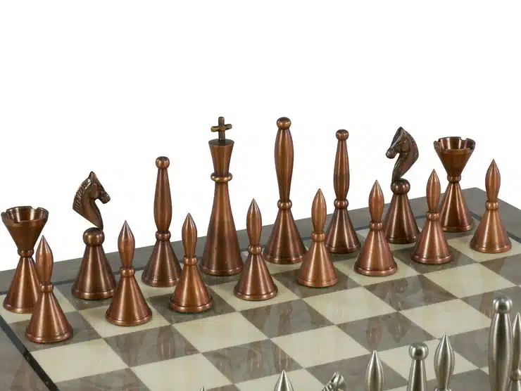 4" Art Deco Solid Brass Chessmen on Grey Briarwood Chess Board