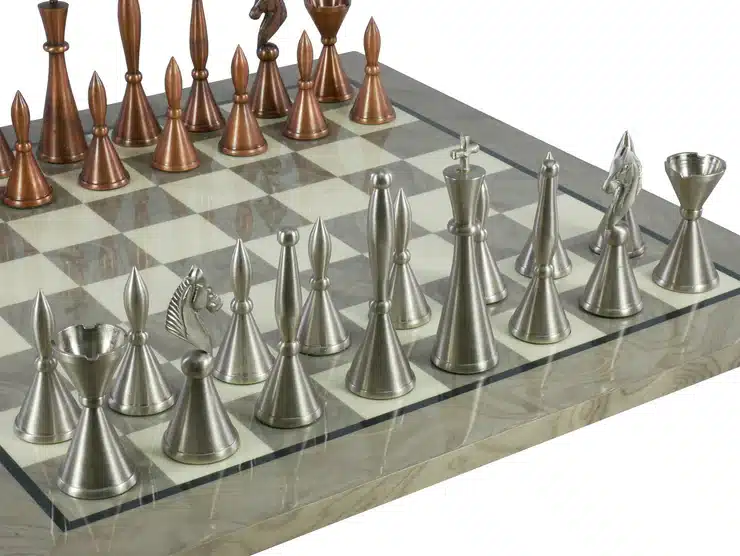 4" Art Deco Solid Brass Chessmen on Grey Briarwood Chess Board