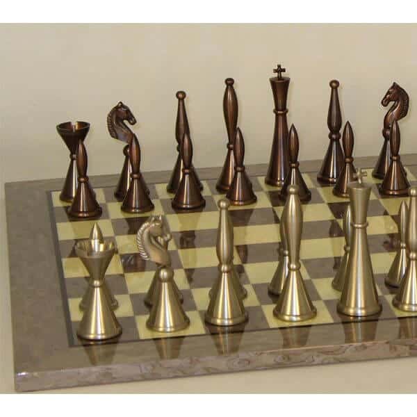 14 Brass Metal Modern Luxury Chess Pieces & Board Set- Antique Copper &  Gold