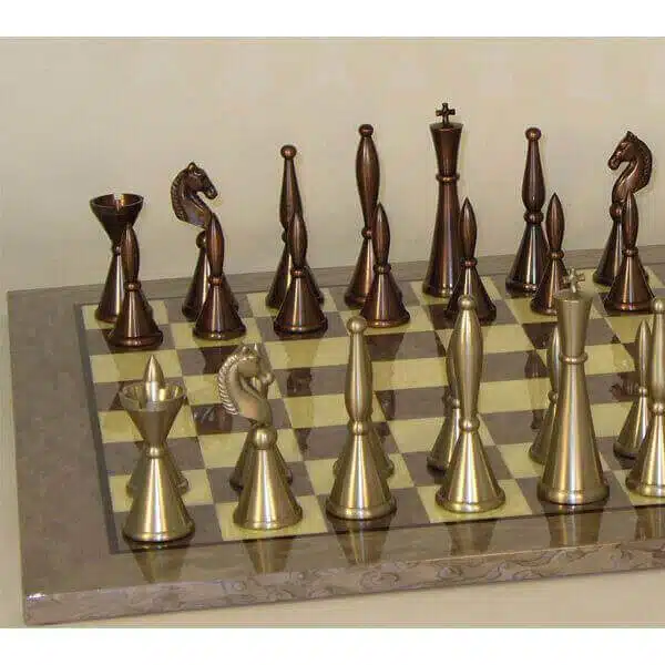 4" Art Deco Solid Brass Chessmen on Grey Briarwood Chess Board