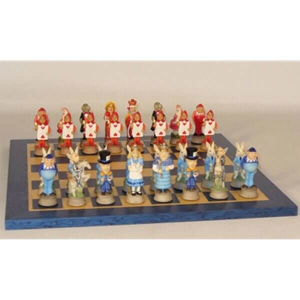 Alice In Wonderland Chessmen on Blue Madrona Chess Board