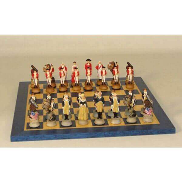American Revolution Resin Chessmen on Blue Madrona  Chess Board