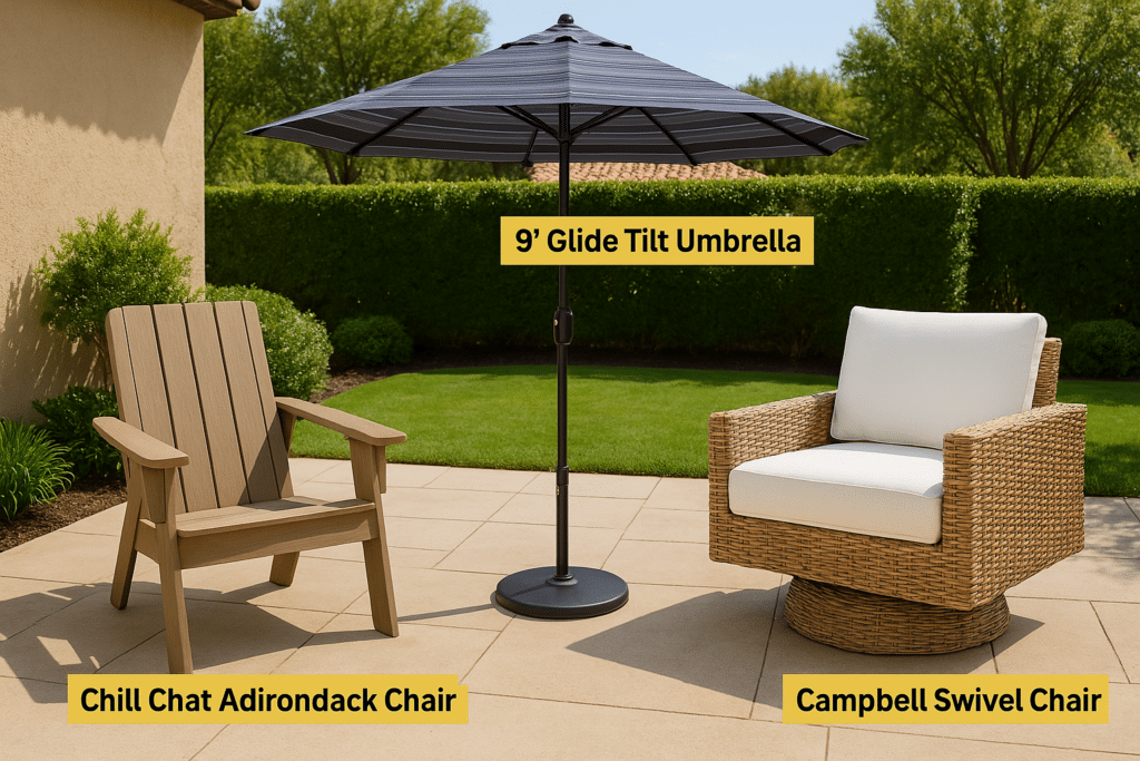 Campbell Swivel, Chill Chat Adirondack Chair & 9′ Glide Tilt Umbrella